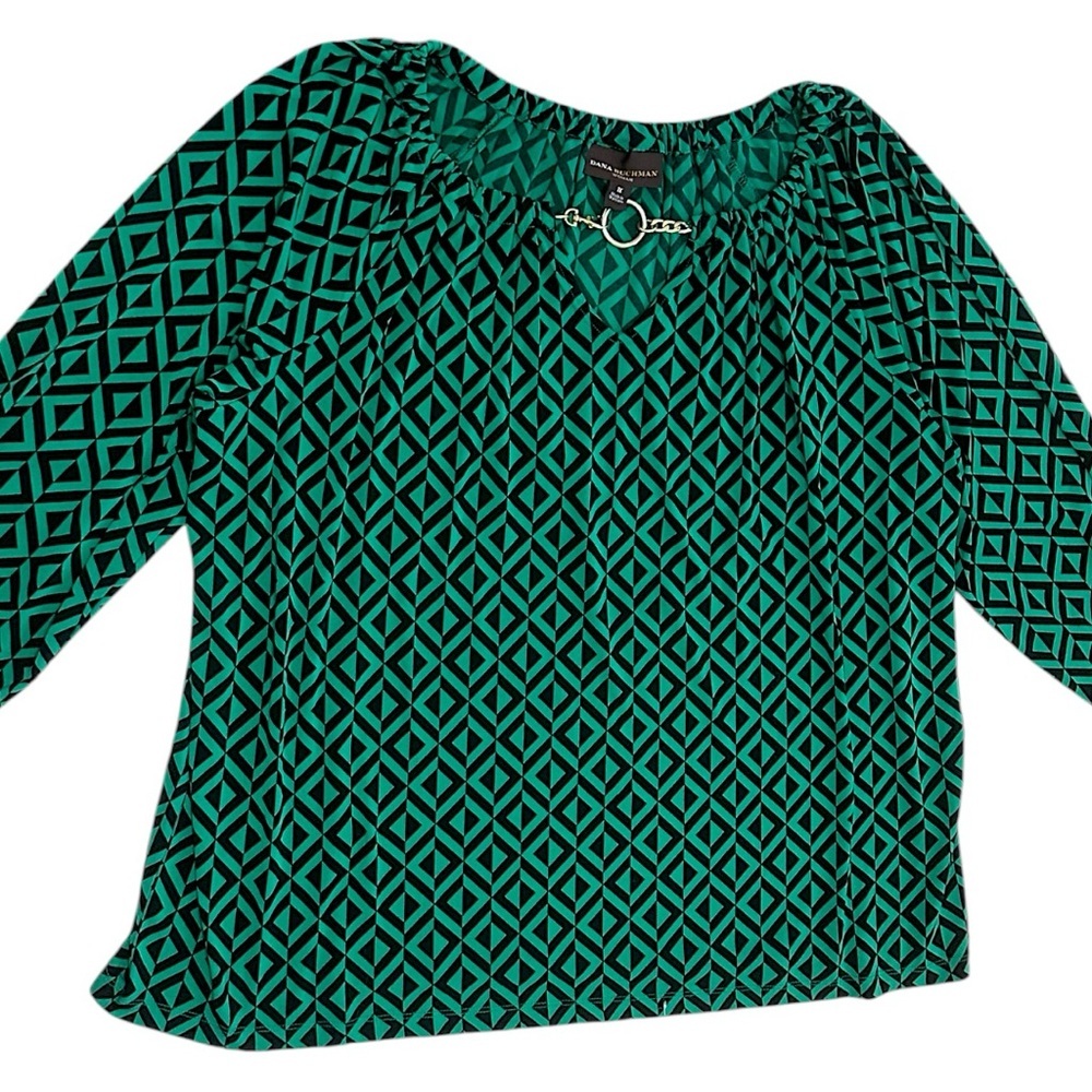 Dana Buchman 1X Plus Women’s Geometric 3/4 Sleeve Blouse Gold Chain Elegant - Picture 1 of 10